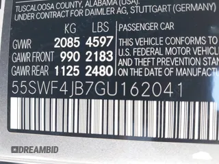 2016 Mercedes-Benz C 300 with VIN 55SWF4JB7GU162041, listed as a IAAI auction lot 42615333 with 39,714 mi miles and . Bid and sale history available at DreamBid. Image 9.