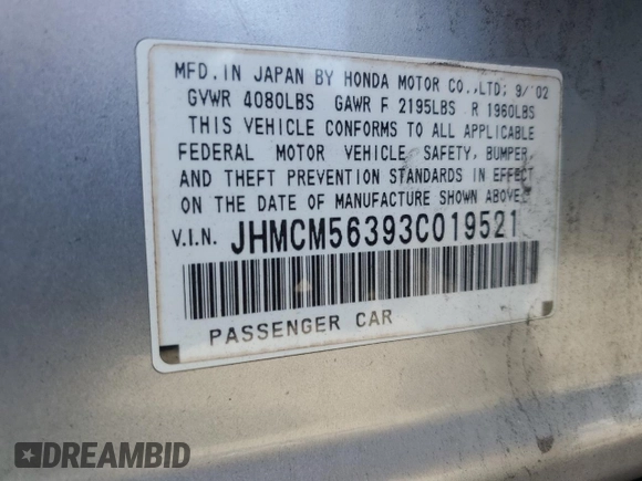 2003 Honda Accord LX with VIN JHMCM56393C019521, listed as a Copart auction lot 61426585 with 102,582 mi miles and Clean title. Bid and sale history available at DreamBid. Image 12.