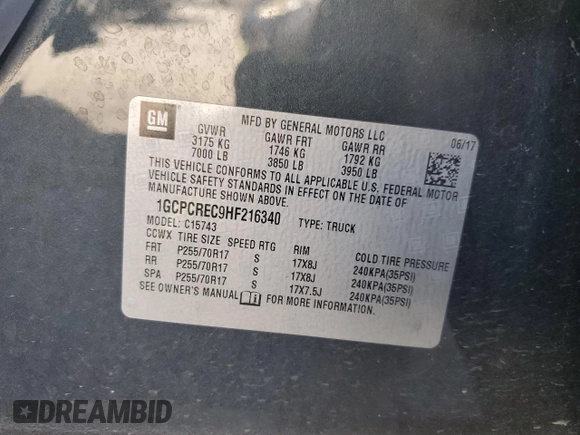2017 Chevrolet Silverado 1500 LT with VIN 1GCPCREC9HF216340, listed as a Copart auction lot 84867764 with 152,362 mi miles and Salvage Title. Bid and sale history available at DreamBid. Image 12.