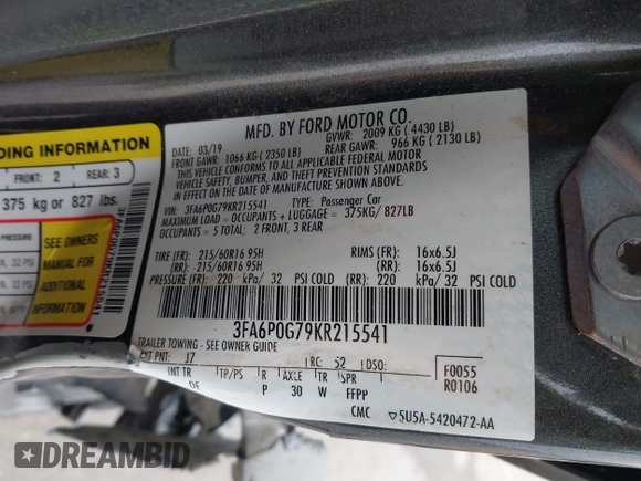 2019 Ford Fusion S with VIN 3FA6P0G79KR215541, listed as a IAAI auction lot 41626638 with 73,751 mi miles and . Bid and sale history available at DreamBid. Image 9.