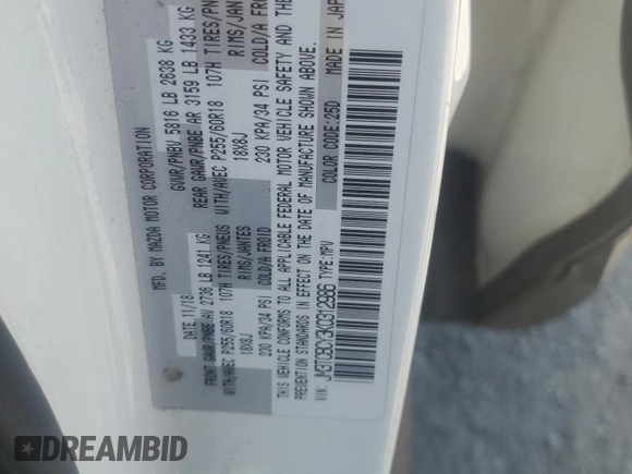 2019 Mazda CX-9 Touring with VIN JM3TCBCY3K0312986, listed as a Copart auction lot 58742195 with 119,464 mi miles and Salvage title. Bid and sale history available at DreamBid. Image 12.