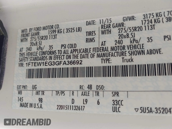 2016 Ford F-150 XLT with VIN 1FTEW1EG3GFA36692, listed as a IAAI auction lot 42057201 with 108,973 mi miles and . Bid and sale history available at DreamBid. Image 9.