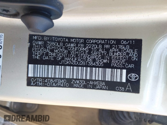 2011 Toyota Prius I with VIN JTDKN3DU2B1384305, listed as a IAAI auction lot 41502975 with 142,039 mi miles. Bid and sale history available at carsss.com. Image 9.