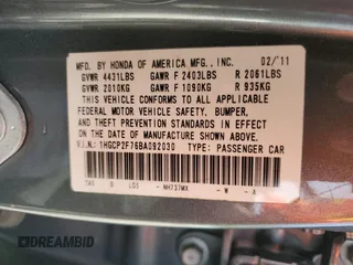 2011 Honda Accord EX z VIN 1HGCP2F76BA092030, wystawiony jako Copart lot #56757865 z przebiegiem 235 432 mil mil oraz Szkoda całkowita • Salvage title. Historia ofert i sprzedaży dostępna na DreamBid. Obrazek 12.