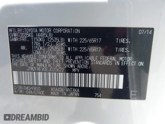 2014 Toyota RAV4 LE with VIN JTMZFREV0EJ020622, listed as a IAAI auction lot 42606275 with 41,645 mi miles and . Bid and sale history available at DreamBid. Image 9.