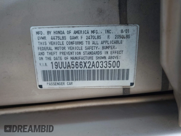 2002 Acura TL with VIN 19UUA566X2A033500, listed as a IAAI auction lot 41787954 with 251,513 mi miles. Bid and sale history available at carsss.com. Image 9.