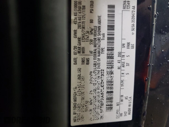 2020 Ford F-250 XL z VIN 1FTBF2A67LED87322, wystawiony jako Copart lot #46299845 z przebiegiem Nie podano mil oraz Szkoda całkowita • Salvage title. Historia ofert i sprzedaży dostępna na DreamBid. Obrazek 12.