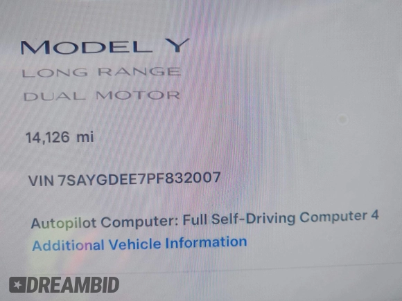 2023 Tesla Model Y Long Range with VIN 7SAYGDEE7PF832007, listed as a IAAI auction lot 41751598 with 14,126 mi miles and . Bid and sale history available at DreamBid. Image 15.