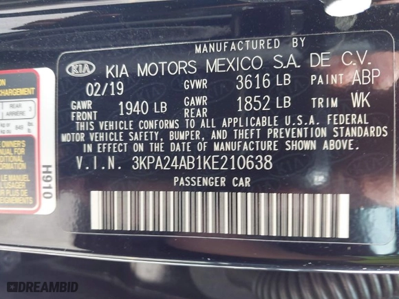 2019 Kia Rio S with VIN 3KPA24AB1KE210638, listed as a IAAI auction lot 41794159 with 88,042 mi miles. Bid and sale history available at carsss.com. Image 9.