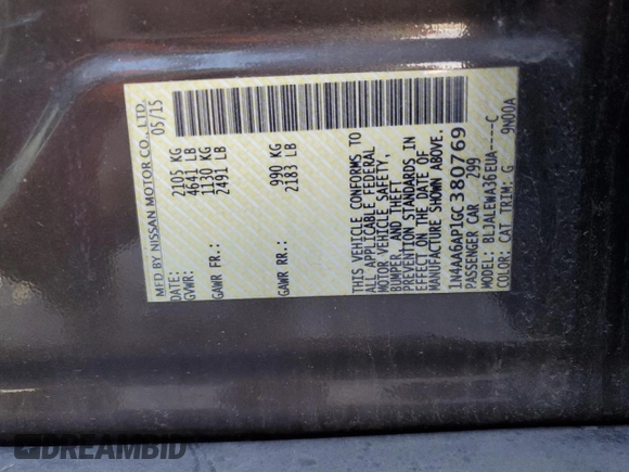 2016 Nissan Maxima S with VIN 1N4AA6AP1GC380769, listed as a Copart auction lot 50145845 with 80,352 mi miles and Salvage Title. Bid and sale history available at DreamBid. Image 12.
