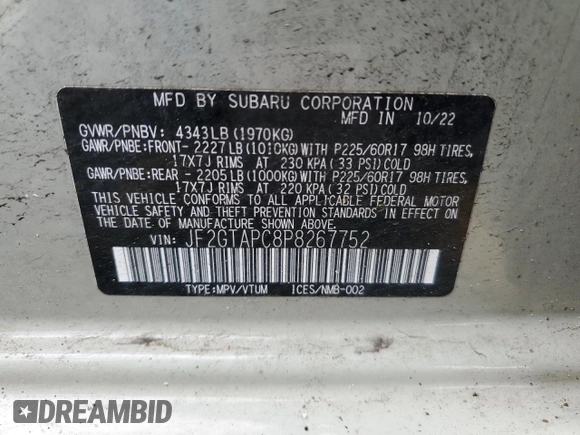 2023 Subaru Crosstrek Premium with VIN JF2GTAPC8P8267752, listed as a Copart auction lot 56970645 with 9,449 mi miles and Clean title. Bid and sale history available at DreamBid. Image 13.