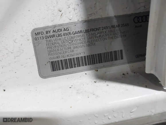 2013 Audi A4 Premium with VIN WAUBFAFL8DN036913, listed as a IAAI auction lot 41859868 with 80,112 mi miles. Bid and sale history available at carsss.com. Image 9.