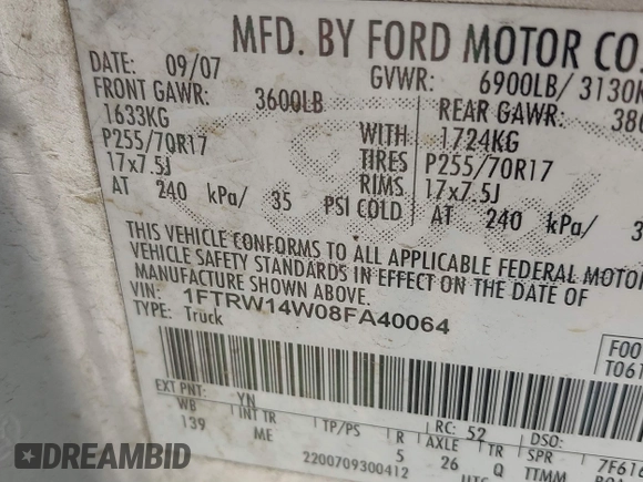 2008 Ford F-150 XL with VIN 1FTRW14W08FA40064, listed as a IAAI auction lot 41809653 with 230,450 mi miles. Bid and sale history available at carsss.com. Image 9.