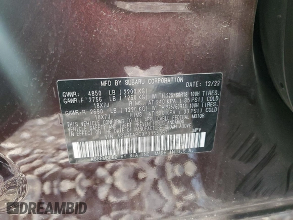 2023 Subaru Outback Touring with VIN 4S4BTAPC9P3155091, listed as a Copart auction lot 89225285 with Not provided miles and Salvage title. Bid and sale history available at DreamBid. Image 13.