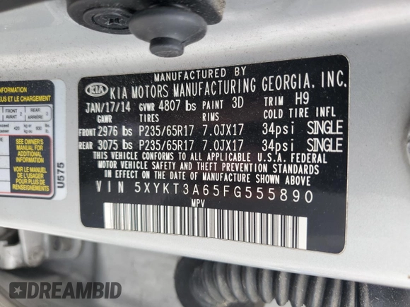 2015 Kia Sorento LX with VIN 5XYKT3A65FG555890, listed as a Copart auction lot 56026125 with 102,034 mi miles and Clean Title. Bid and sale history available at DreamBid. Image 12.
