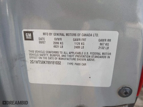 2008 Chevrolet Impala LT with VIN 2G1WT58K789181032, listed as a IAAI auction lot 41838709 with 231,411 mi miles. Bid and sale history available at carsss.com. Image 9.