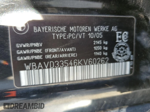 2006 BMW 3 Series 330xi with VIN WBAVD33546KV60262, listed as a Copart auction lot 87508765 with 249,826 mi miles and Salvage Title. Bid and sale history available at carsss.com. Image 12.