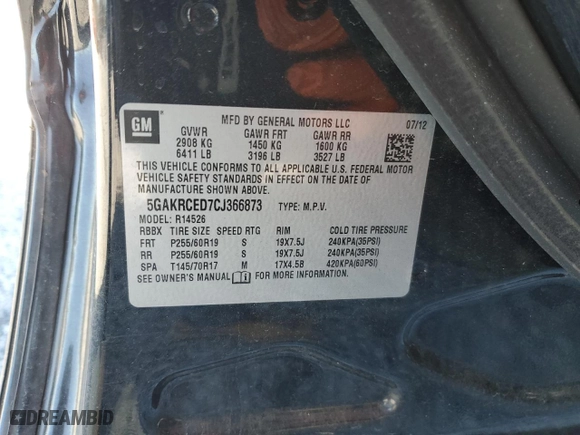 2012 Buick Enclave Leather with VIN 5GAKRCED7CJ366873, listed as a Copart auction lot 87288434 with 160,099 mi miles and Salvage Title. Bid and sale history available at carsss.com. Image 15.