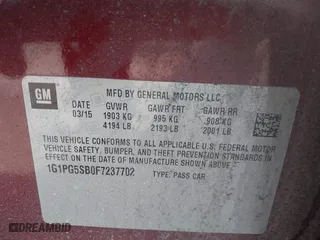 2015 Chevrolet Cruze LTZ with VIN 1G1PG5SB0F7237702, listed as a IAAI auction lot 41747037 with 188,816 mi miles. Bid and sale history available at carsss.com. Image 9.