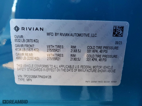 2023 Rivian R1S Adventure with VIN 7PDSGBBA7PN024128, listed as a Copart auction lot 81747104 with 8,444 mi miles and Salvage Title. Bid and sale history available at carsss.com. Image 13.