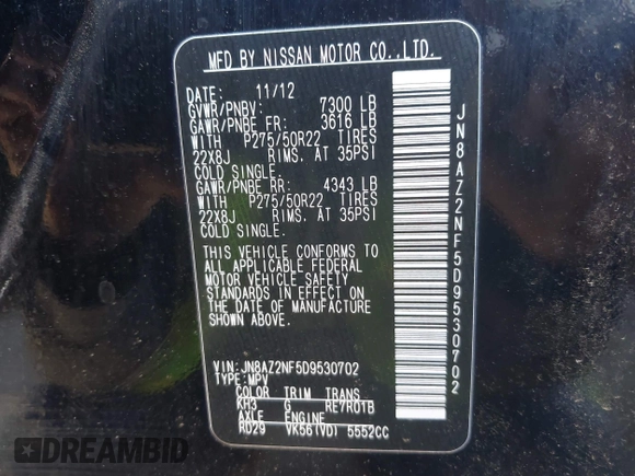 2013 Infiniti QX56 с VIN JN8AZ2NF5D9530702, выставлен на аукционе IAAI как лот 40918020 с пробегом 185 768 миль миль и . История ставок и продаж доступна на DreamBid. Изображение 9.