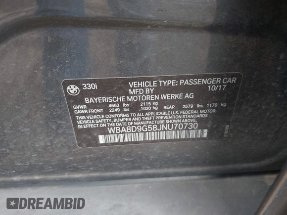 2018 BMW 3 Series 330i xDrive with VIN WBA8D9G58JNU70730, listed as a IAAI auction lot 41910509 with 64,262 mi miles and . Bid and sale history available at DreamBid. Image 9.