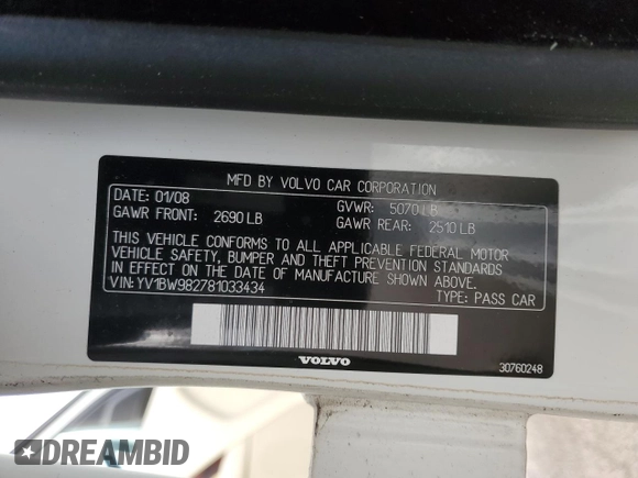 2008 Volvo V70 with VIN YV1BW982781033434, listed as a Copart auction lot 43617245 with 177,577 mi miles and Clean Title. Bid and sale history available at DreamBid. Image 12.