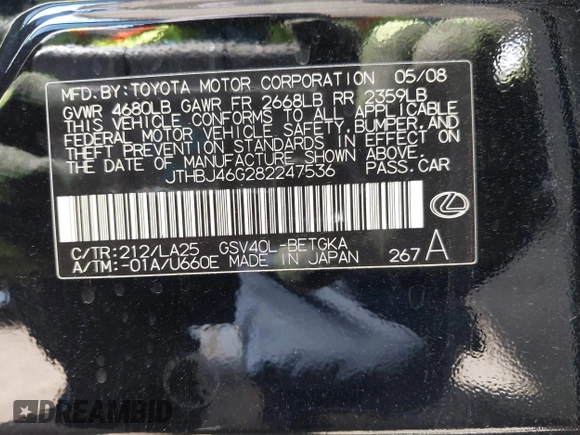 2008 Lexus ES 350 with VIN JTHBJ46G282247536, listed as a IAAI auction lot 41992875 with 168,776 mi miles. Bid and sale history available at carsss.com. Image 9.