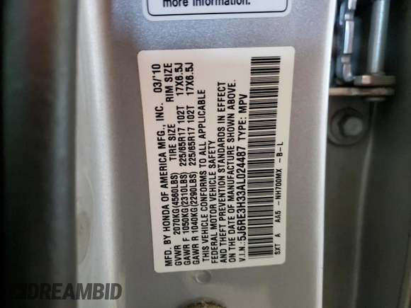 2010 Honda CR-V LX with VIN 5J6RE3H33AL024487, listed as a Copart auction lot 62032415 with 170,042 mi miles and Salvage title. Bid and sale history available at DreamBid. Image 14.