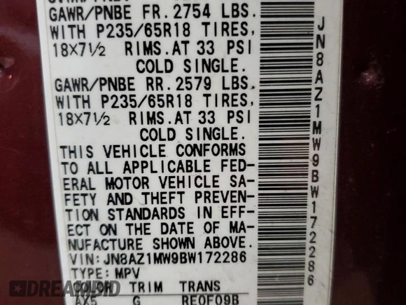 2011 Nissan Murano SV with VIN JN8AZ1MW9BW172286, listed as a Copart auction lot 53674515 with 180,424 mi miles and Clean Title. Bid and sale history available at DreamBid. Image 13.