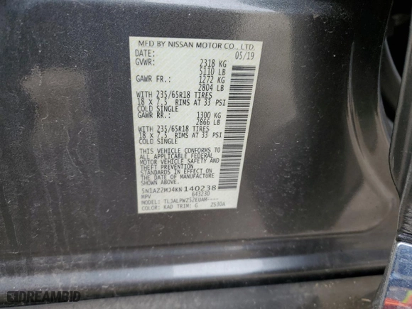 2019 Nissan Murano S with VIN 5N1AZ2MJ4KN140238, listed as a Copart auction lot 85583344 with 108,192 mi miles and Salvage Title. Bid and sale history available at carsss.com. Image 14.