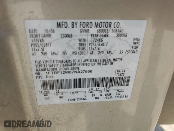 2007 Ford F-150 XL z VIN 1FTRF12W87NA27666, wystawiony jako Copart lot #60802955 z przebiegiem 34 592 mil mil oraz Czysty tytuł • Clean title. Historia ofert i sprzedaży dostępna na DreamBid. Obrazek 12.