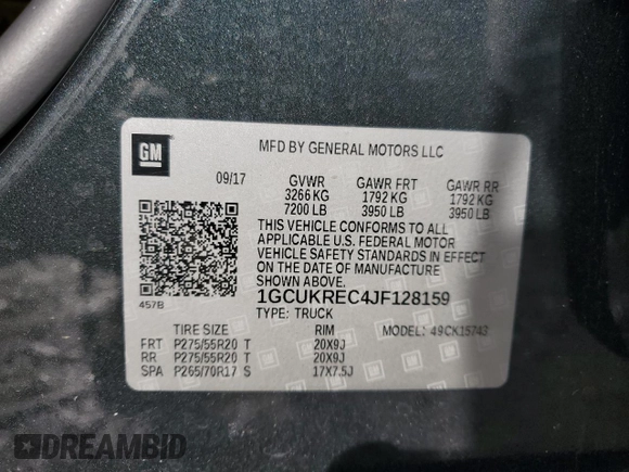 2018 Chevrolet Silverado 1500 LT with VIN 1GCUKREC4JF128159, listed as a Copart auction lot 44807225 with 89,885 mi miles and Salvage Title. Bid and sale history available at DreamBid. Image 12.