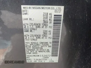 2017 Nissan Murano S with VIN 5N1AZ2MG5HN152072, listed as a IAAI auction lot 41634106 with 94,468 mi miles and . Bid and sale history available at carsss.com. Image 9.