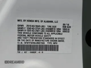 2018 Honda Pilot EX-L with VIN 5FNYF5H5XJB031533, listed as a Copart auction lot 64419275 with 38,373 mi miles and Salvage title. Bid and sale history available at DreamBid. Image 13.