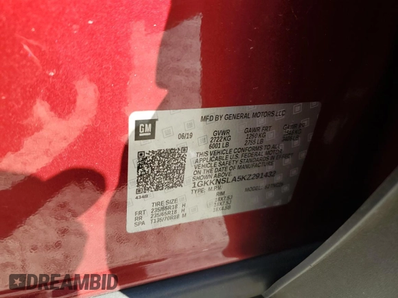 2019 GMC Acadia SLE with VIN 1GKKNSLA5KZ291432, listed as a Copart auction lot 77816084 with 92,221 mi miles and Non Repairable. Bid and sale history available at DreamBid. Image 13.