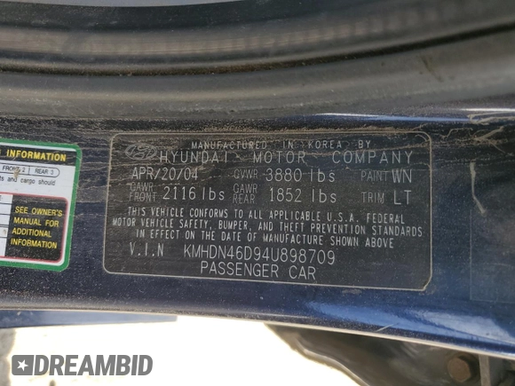 2004 Hyundai Elantra GLS z VIN KMHDN46D94U898709, wystawiony jako Copart lot #84770704 z przebiegiem 216 785 mil mil oraz Szkoda całkowita • Salvage title. Historia ofert i sprzedaży dostępna na DreamBid. Obrazek 12.
