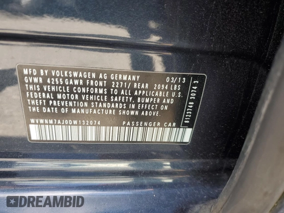 2013 Volkswagen Golf TDI w/Sunroof & Nav with VIN WVWNM7AJ0DW132074, listed as a Copart auction lot 64827005 with 141,056 mi miles and Salvage title. Bid and sale history available at DreamBid. Image 14.