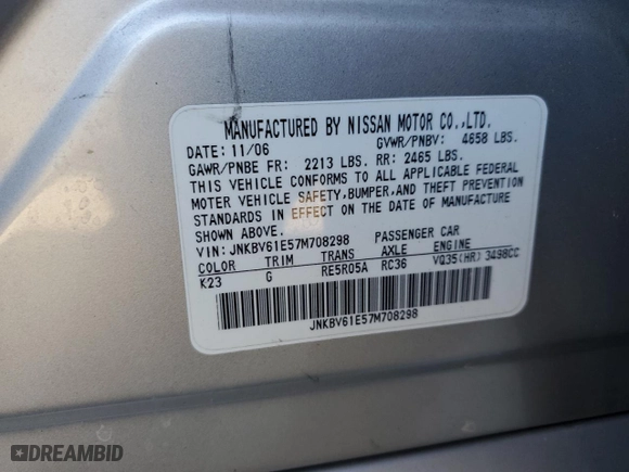 2007 Infiniti G35 Sedan Sport with VIN JNKBV61E57M708298, listed as a Copart auction lot 88284555 with 73,061 mi miles and Salvage Title. Bid and sale history available at carsss.com. Image 12.