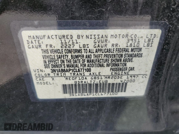2012 Nissan Sentra 2.0 with VIN 3N1AB6AP1CL677100, listed as a Copart auction lot 63579145 with 154,780 mi miles and Salvage title. Bid and sale history available at DreamBid. Image 12.