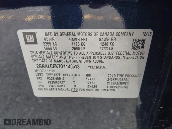 2016 Chevrolet Equinox LT with VIN 2GNALCEK7G1140513, listed as a IAAI auction lot 41916806 with 181,113 mi miles. Bid and sale history available at carsss.com. Image 9.