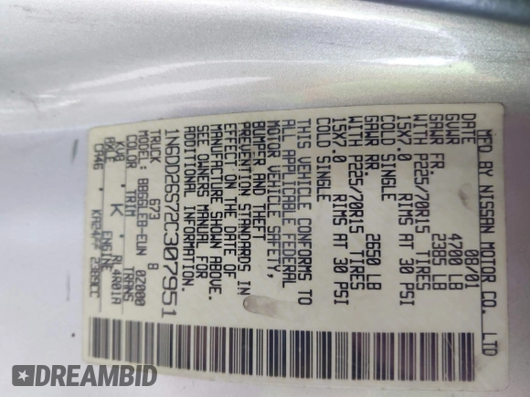 2002 Nissan Frontier XE с VIN 1N6DD26S72C307951, выставлен на аукционе IAAI как лот 41759256 с пробегом 305 267 миль миль и . История ставок и продаж доступна на DreamBid. Изображение 9.