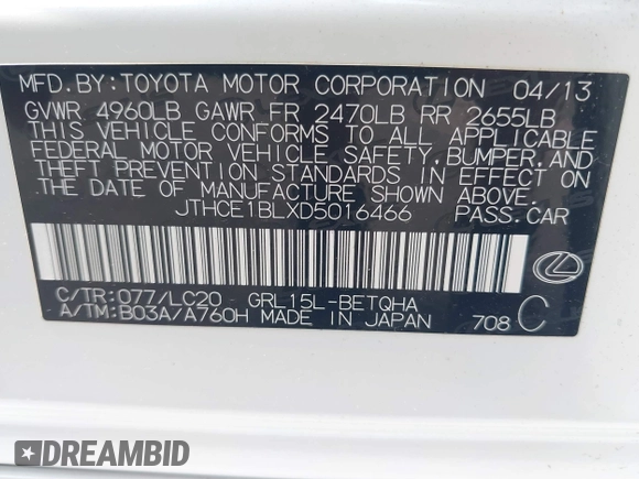 2013 Lexus GS 350 with VIN JTHCE1BLXD5016466, listed as a IAAI auction lot 42481000 with 53,976 mi miles and . Bid and sale history available at DreamBid. Image 9.