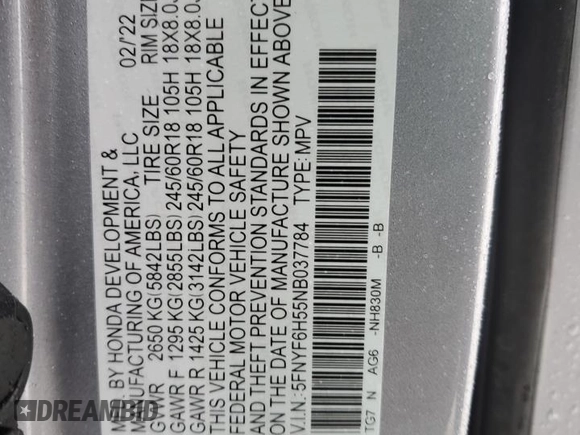 2022 Honda Pilot EX-L with VIN 5FNYF6H55NB037784, listed as a Copart auction lot 45500035 with 34,753 mi miles and Salvage Title. Bid and sale history available at carsss.com. Image 15.