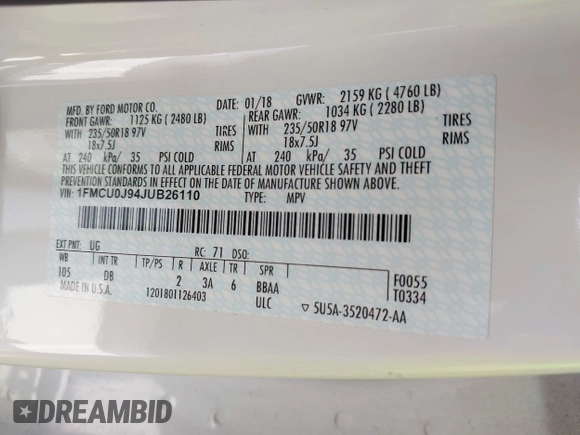 2018 Ford Escape Titanium with VIN 1FMCU0J94JUB26110, listed as a IAAI auction lot 42436285 with 59,586 mi miles and . Bid and sale history available at DreamBid. Image 9.