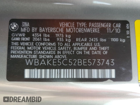 2011 BMW 3 Series 328i z VIN WBAKE5C52BE573743, wystawiony jako Copart lot #42547735 z przebiegiem 167 022 mil mil oraz Szkoda całkowita • Salvage title. Historia ofert i sprzedaży dostępna na DreamBid. Obrazek 13.