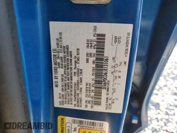 2020 Ford Fusion SEL with VIN 3FA6P0CD6LR131061, listed as a Copart auction lot 53372315 with 122,120 mi miles and Salvage title. Bid and sale history available at DreamBid. Image 12.