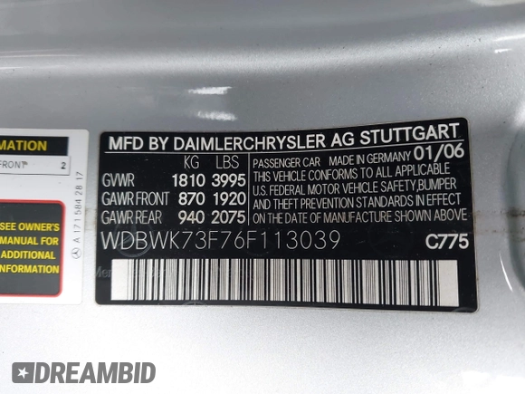 2006 Mercedes-Benz SLK 55 AMG with VIN WDBWK73F76F113039, listed as a IAAI auction lot 41982848 with 70,019 mi miles and . Bid and sale history available at DreamBid. Image 9.
