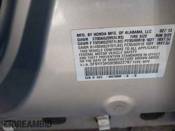 2013 Honda Pilot EX-L with VIN 5FNYF3H59DB022797, listed as a IAAI auction lot 41880675 with 206,359 mi miles and . Bid and sale history available at DreamBid. Image 9.