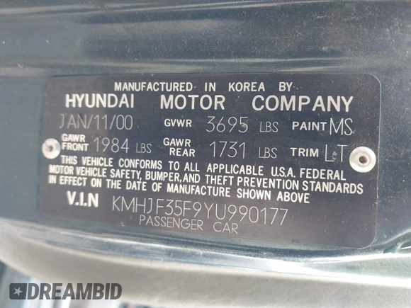 2000 Hyundai Elantra GLS with VIN KMHJF35F9YU990177, listed as a IAAI auction lot 41779807 with 175,114 mi miles and . Bid and sale history available at DreamBid. Image 9.